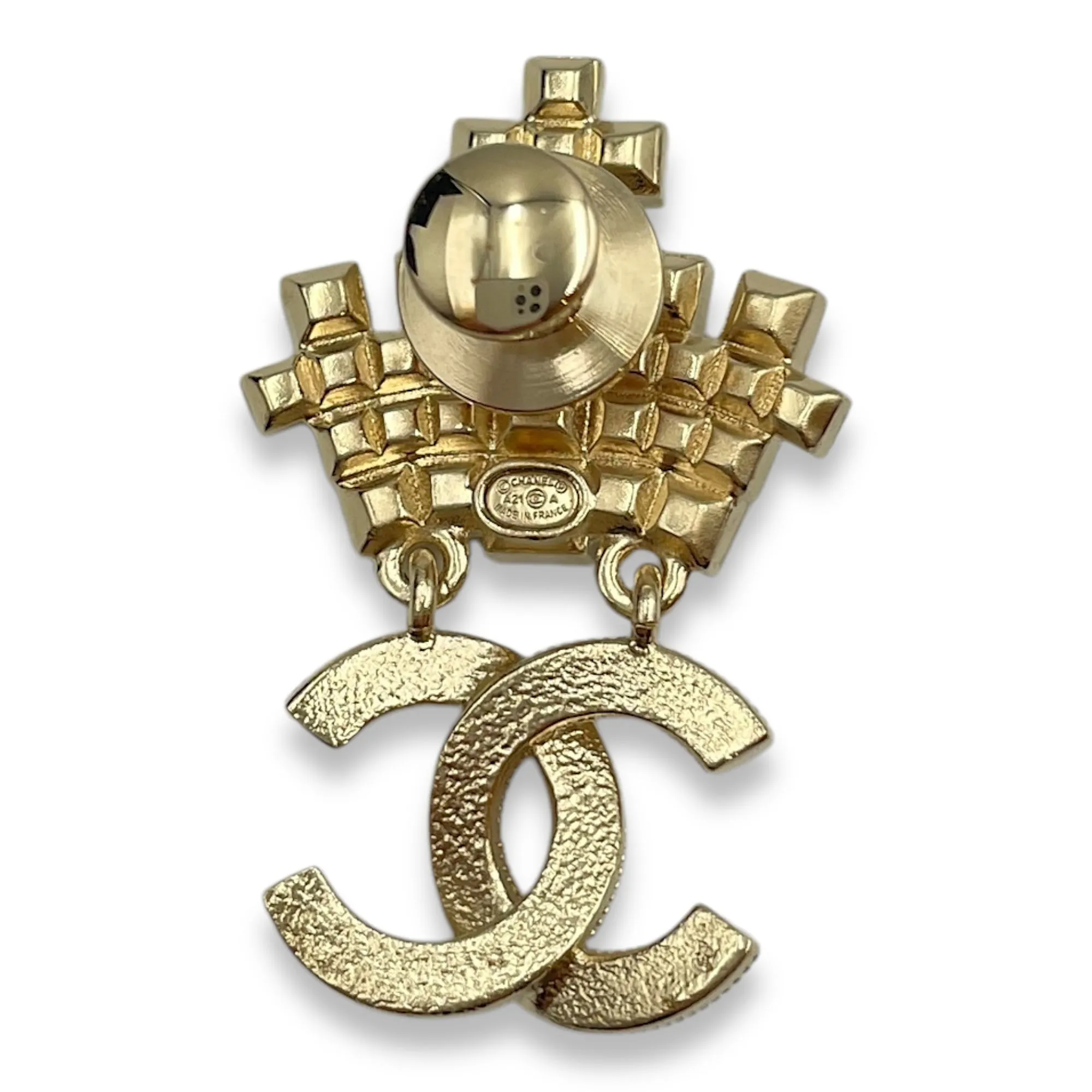 21A Crown Pin White, Black Brooch in Pearls, Resins, Gold hardware