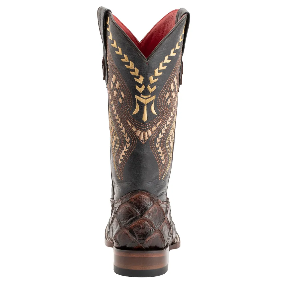 Bronco Pirarucu Print Embroidered Square Toe Cowboy Boots