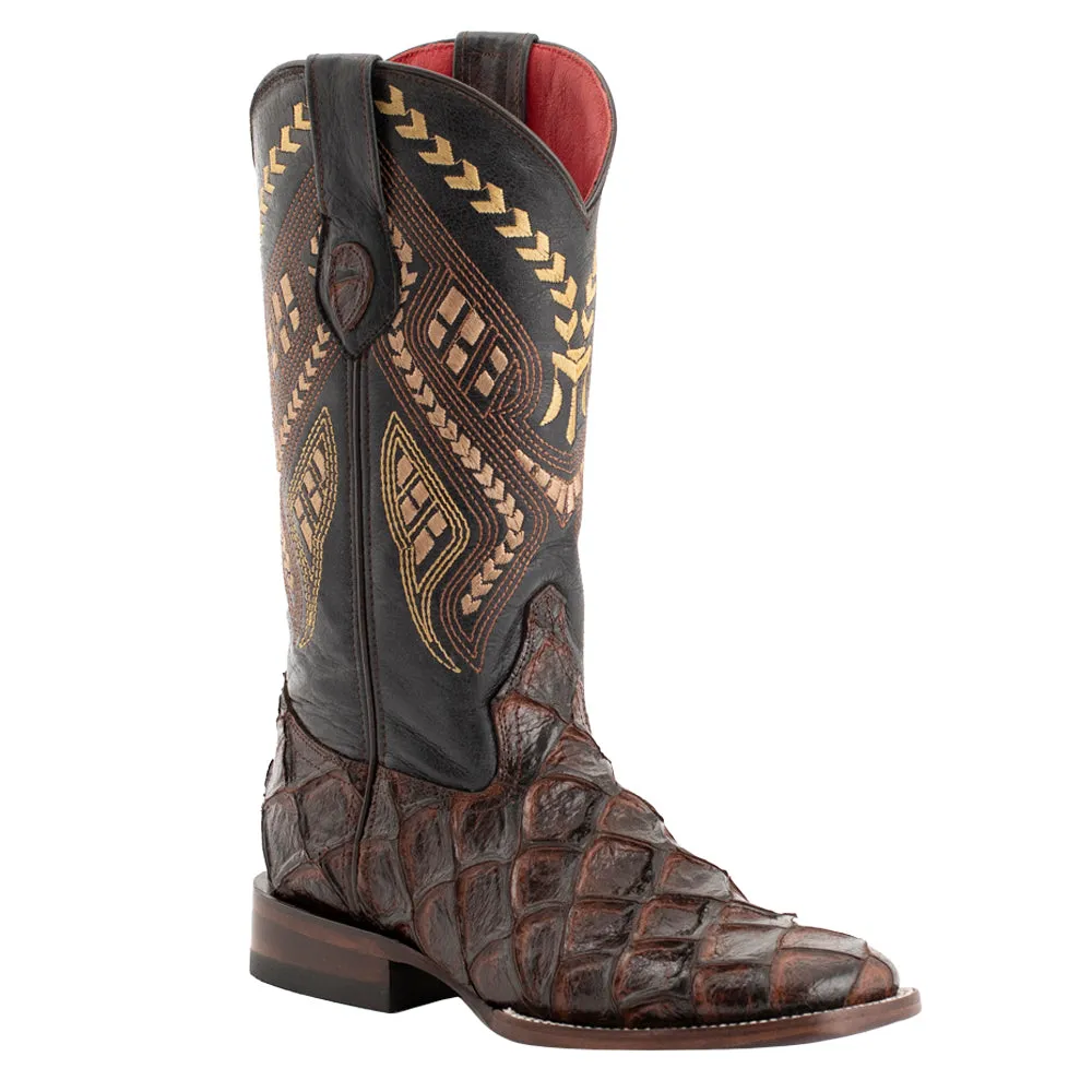 Bronco Pirarucu Print Embroidered Square Toe Cowboy Boots