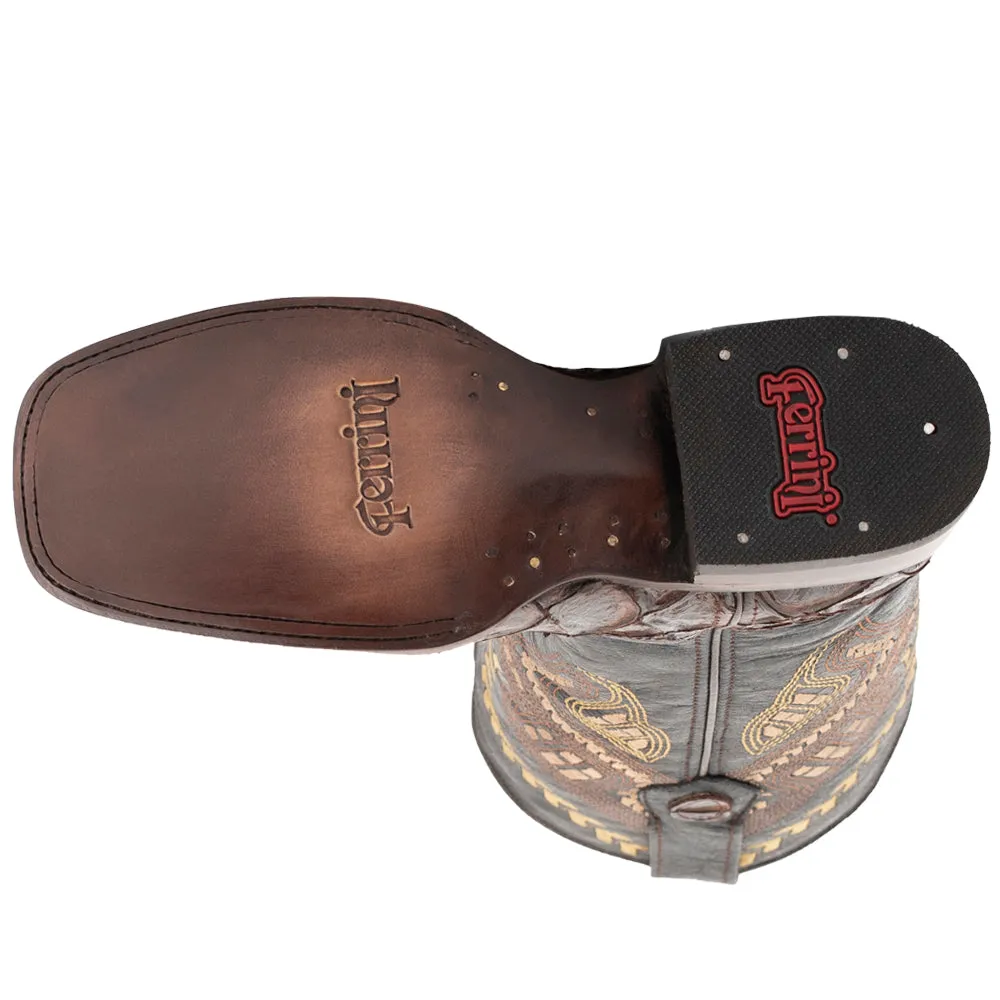 Bronco Pirarucu Print Embroidered Square Toe Cowboy Boots