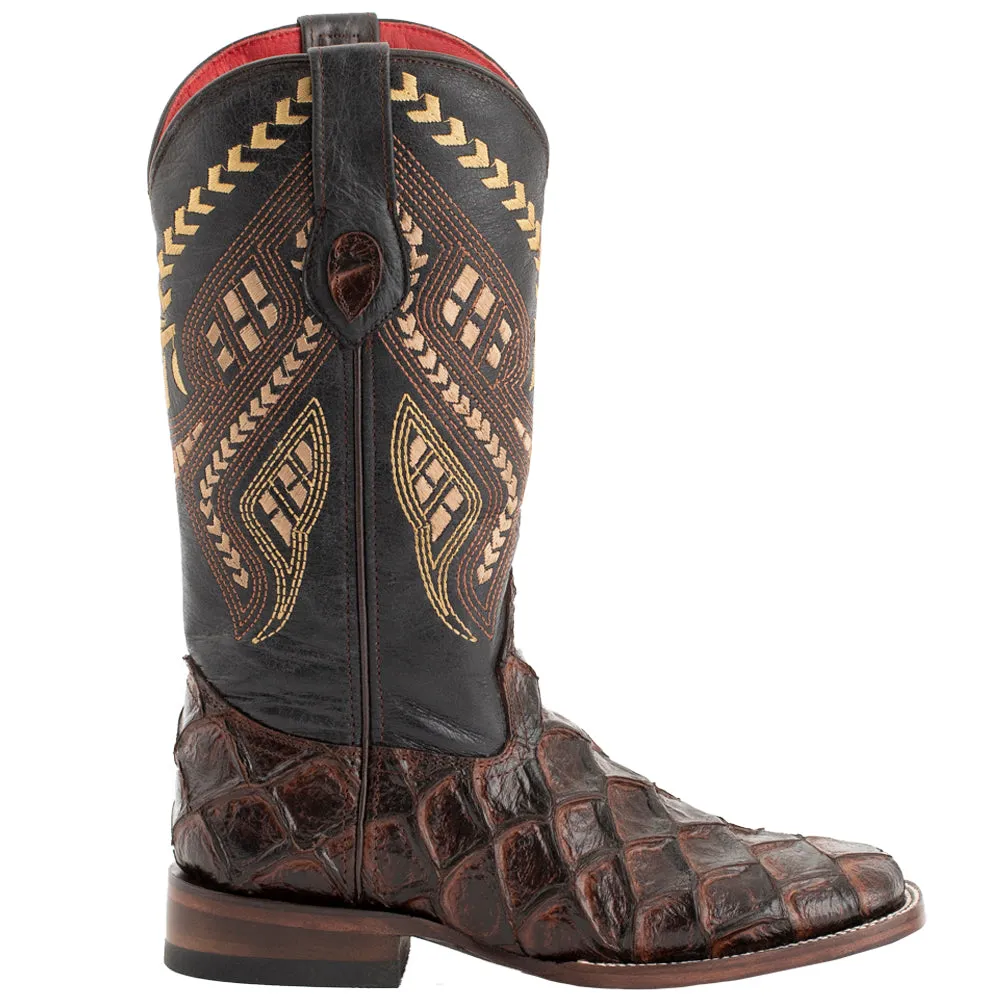 Bronco Pirarucu Print Embroidered Square Toe Cowboy Boots