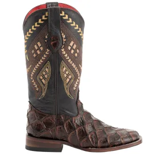 Bronco Pirarucu Print Embroidered Square Toe Cowboy Boots