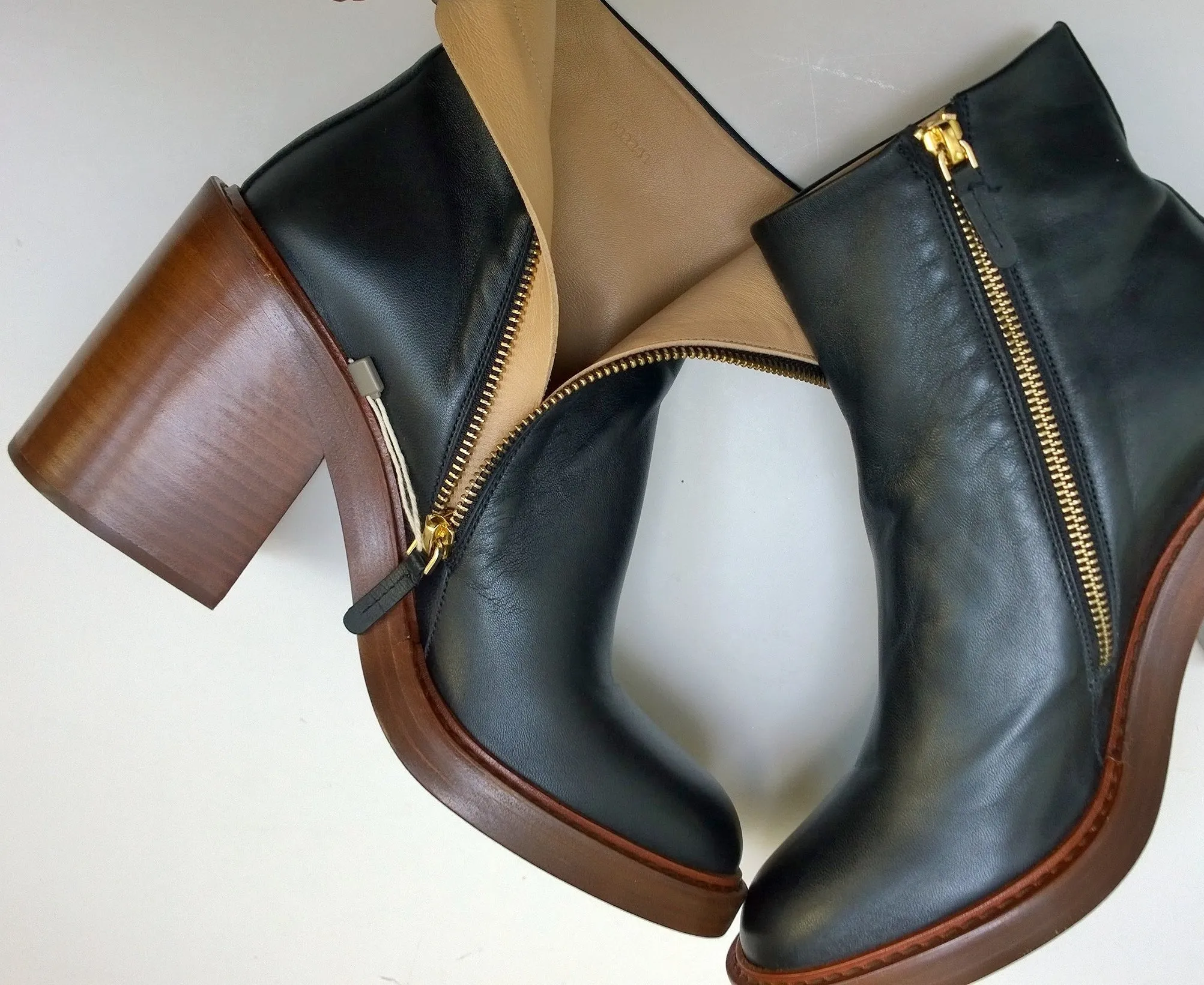 Chlo Mallo Ankle Boots in Black Leather with Stacked Heels