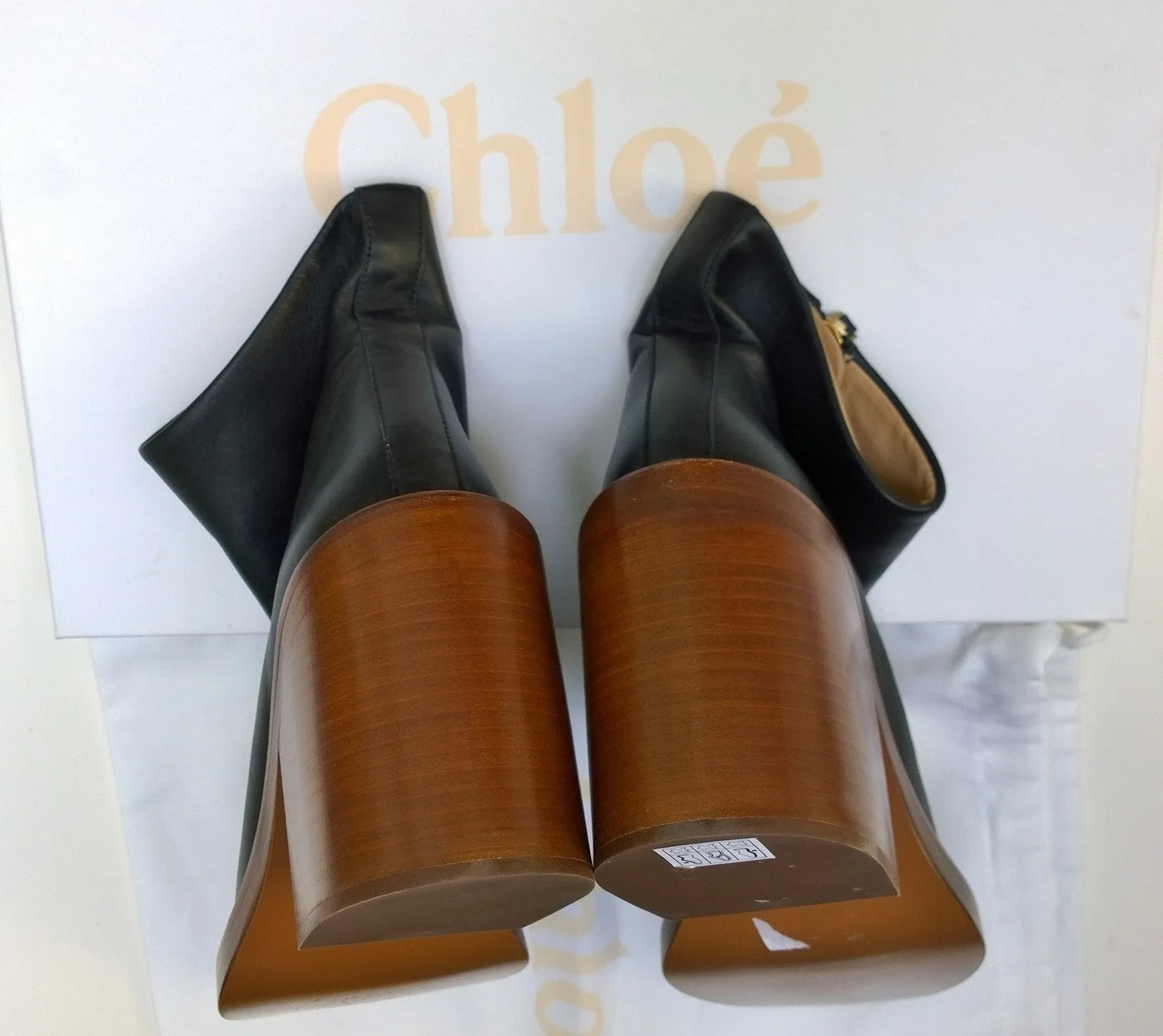 Chlo Mallo Ankle Boots in Black Leather with Stacked Heels