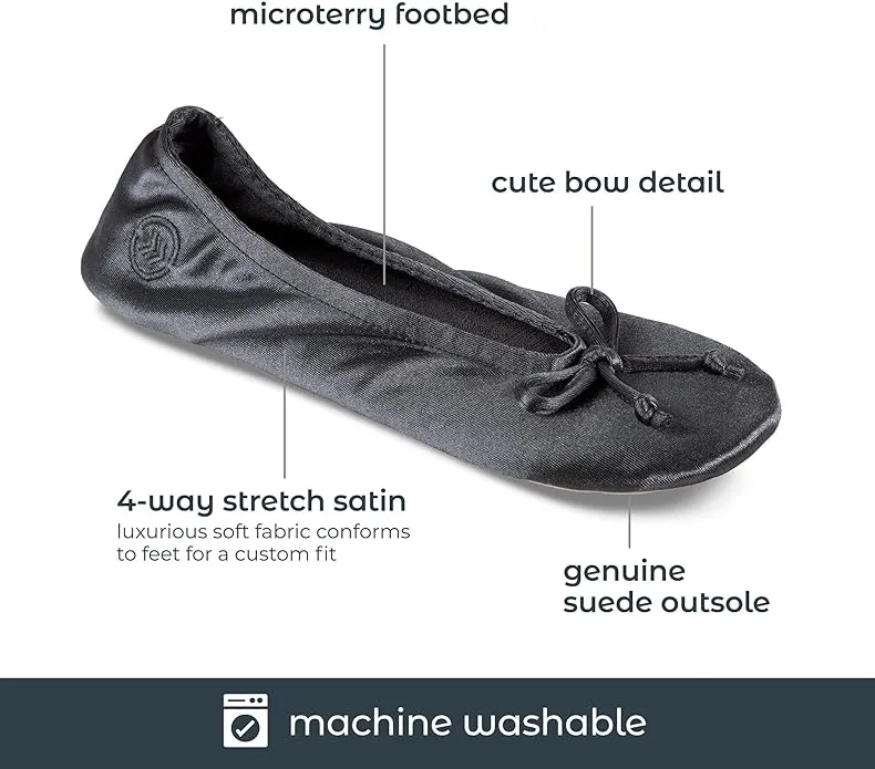 Isotoner Ballerina Slippers for Women  Soft Satin House Shoes with Bow and Suede Sole  Classic Comfy Travel and Bedroom Slippers  Cute Bridal Party Slippers